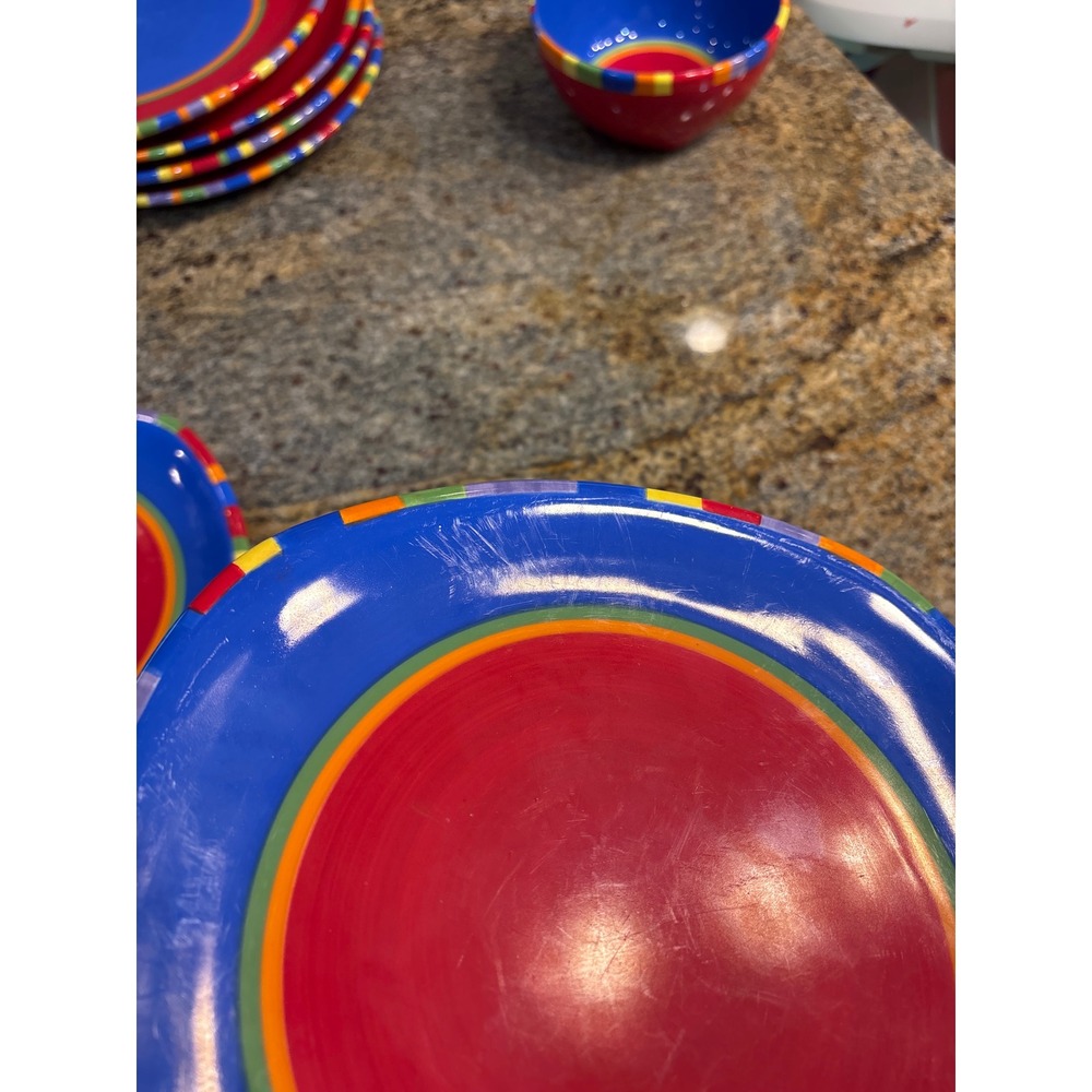 8 Dansk Caribe Antigua Striped Plates Set of 4 Dinner 4 Salad Blue Red Ceramic - Picture 4 of 8